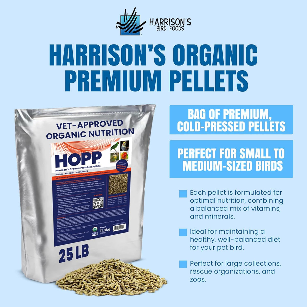 Harrison's Bird Foods HOPP Premium Pellets – Organic, Nutritionally Balanced Food for Small to