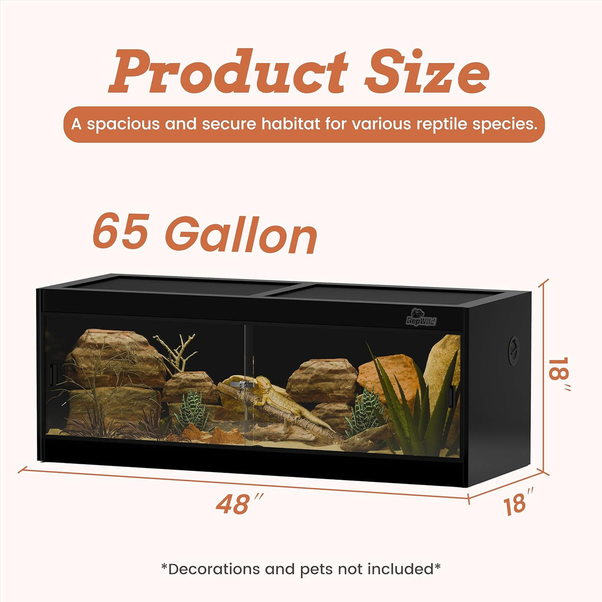 65 Gallon PVC Reptile Enclosure, RepWild 48"x18"x18" Terrarium/Tank with Heavy-Duty Screen Top