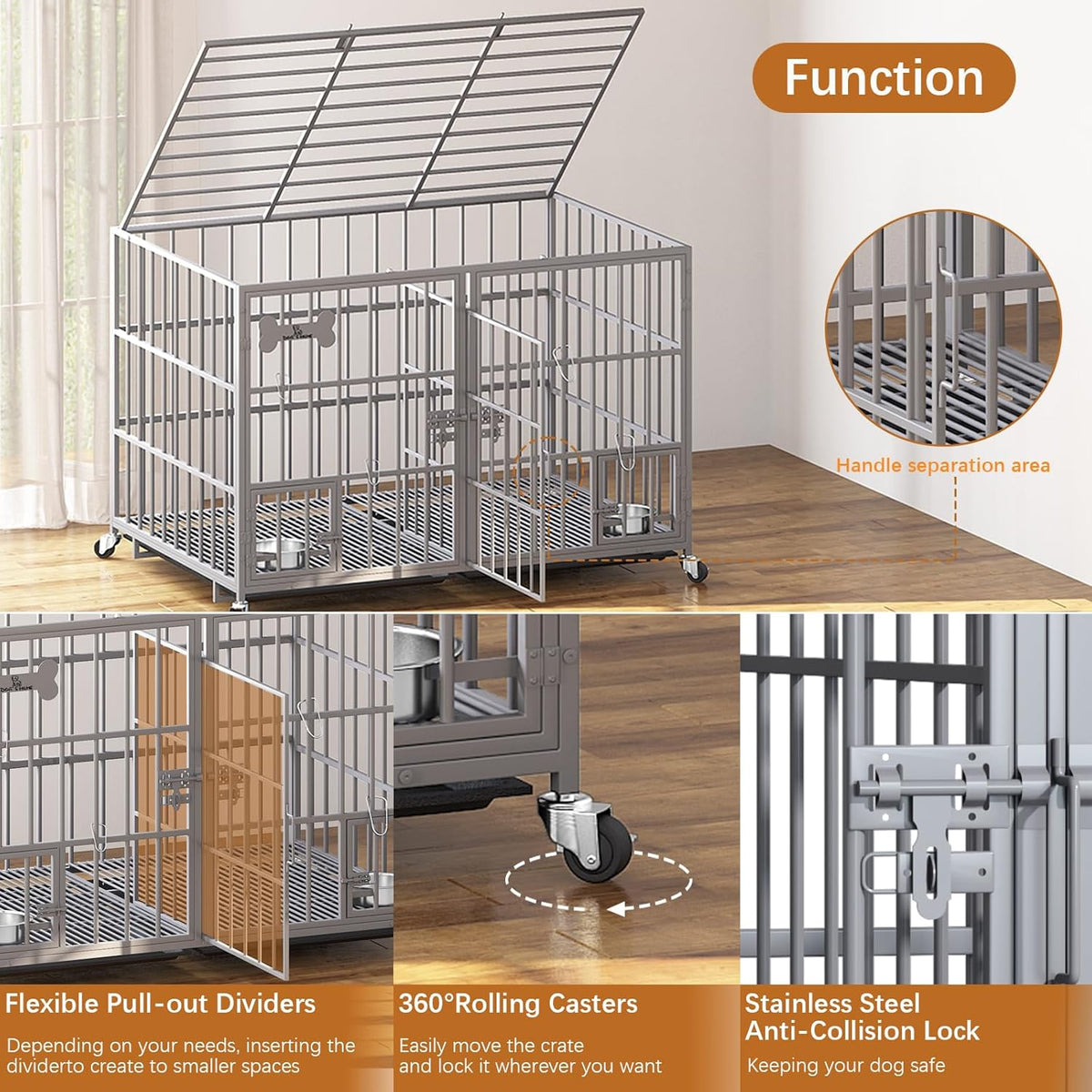 aboxoo 42/48 inch Heavy Duty Metal Dog Crate for 2 Dogs/Large Dog,All Metal Open Top,Dog Kennel