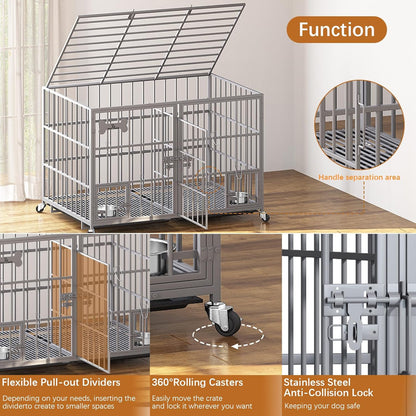 aboxoo 42/48 inch Heavy Duty Metal Dog Crate for 2 Dogs/Large Dog,All Metal Open Top,Dog Kennel