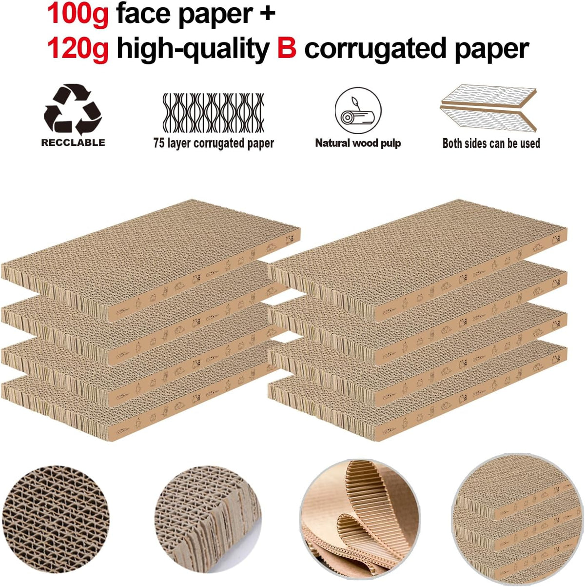 8 Packs in 1 Cat Scratch Pad, Cat Scratcher Cardboard,Reversible,Durable Recyclable Cardboard