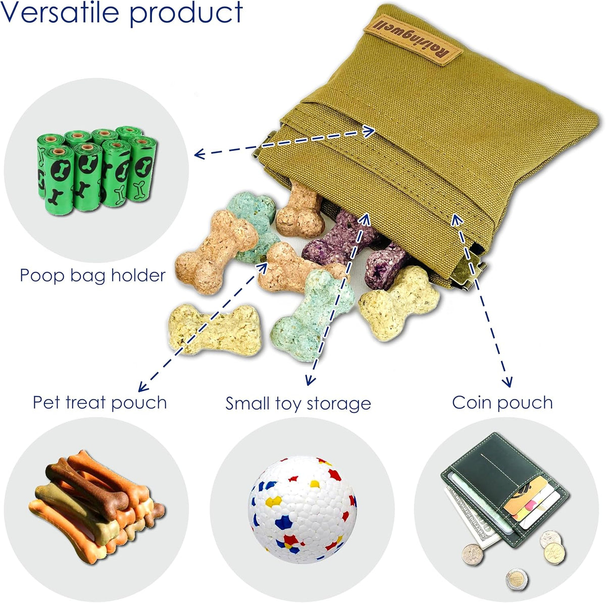 Dog Treat Pouch, Brown Pocket Sized Pet Training Pouch, Cotton Fabric, Hand Free Dog Walking Bag