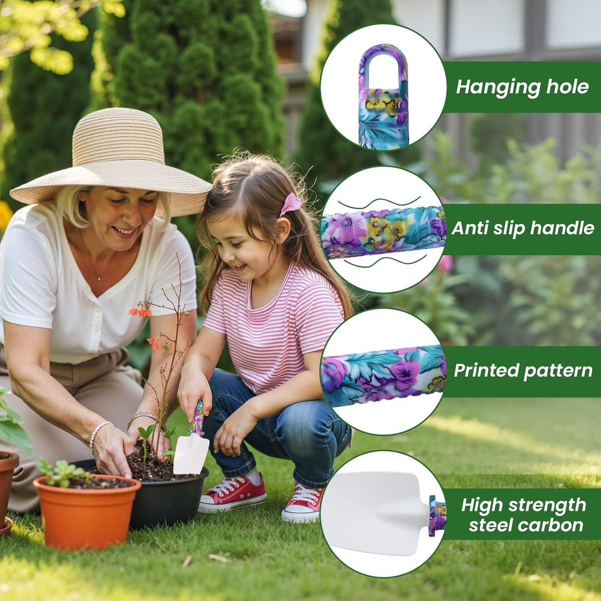 Gardening Tool Set 10-Piece, Heavy Duty Garden Tool Set with Purple Floral Tote Bag and Gift Box