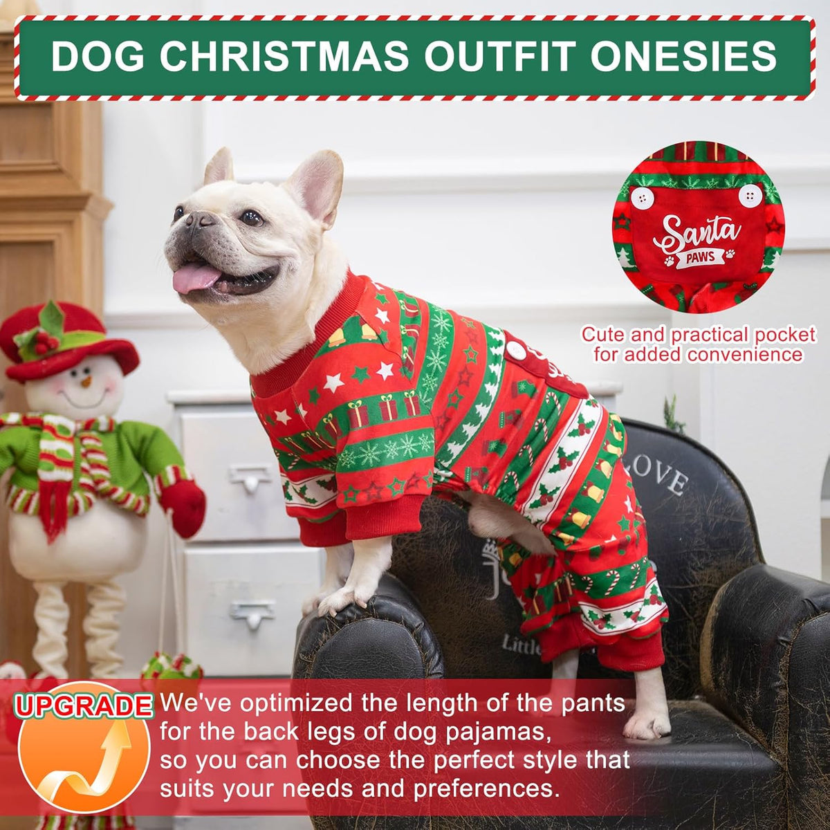 BEA Christmas Dog Pajamas for Small Dogs, Soft Fleece Pet Sweater Clothes Warm Puppy Onesie Outfits