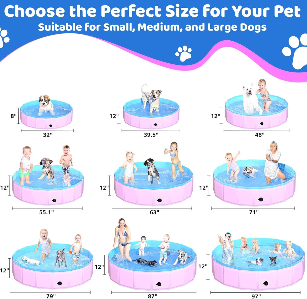 2025 Updated Foldable Dog Pool, 71" x 12" Kiddie Pool with Hard Plastic, Non-Slip Dog Bath Tub for