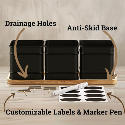 Herb Planter Indoor - 3 Iron Herb Pots with Drainage Holes, Varnished Bamboo Tray, Customizable