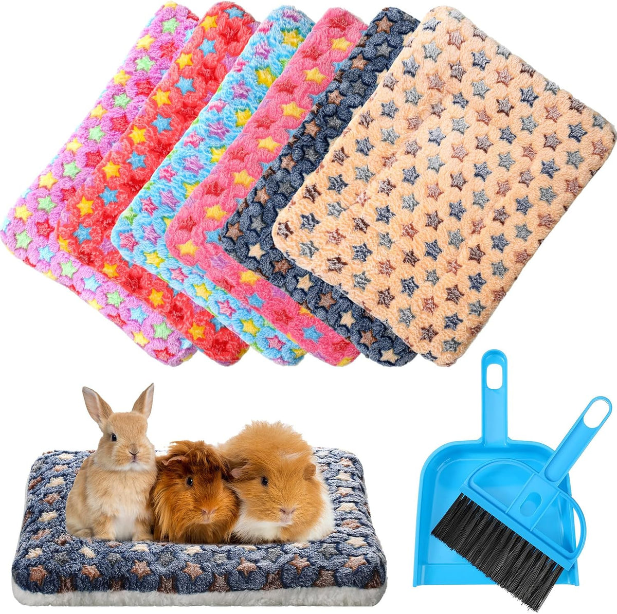 Yulejo 6 Pieces Guinea Pig Bed Mats with Cleaning Dustpan Brush Washable Plush Cage Lines Soft