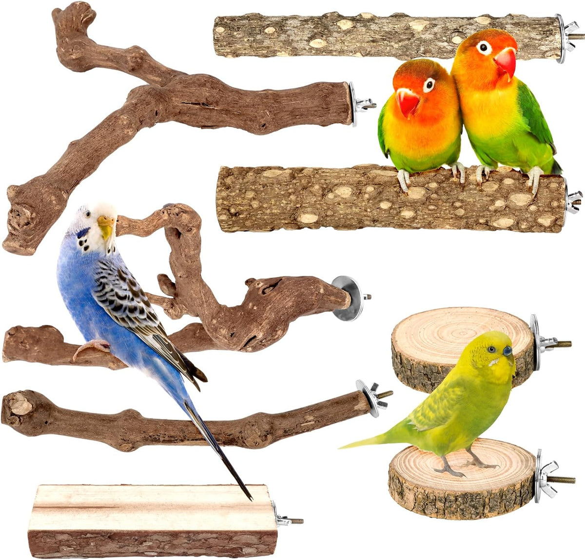 8PCS Natural Grape Wood Bird Perch Set - Parrot Cage Stand with Paw Grinding Forks, Chewing Sticks