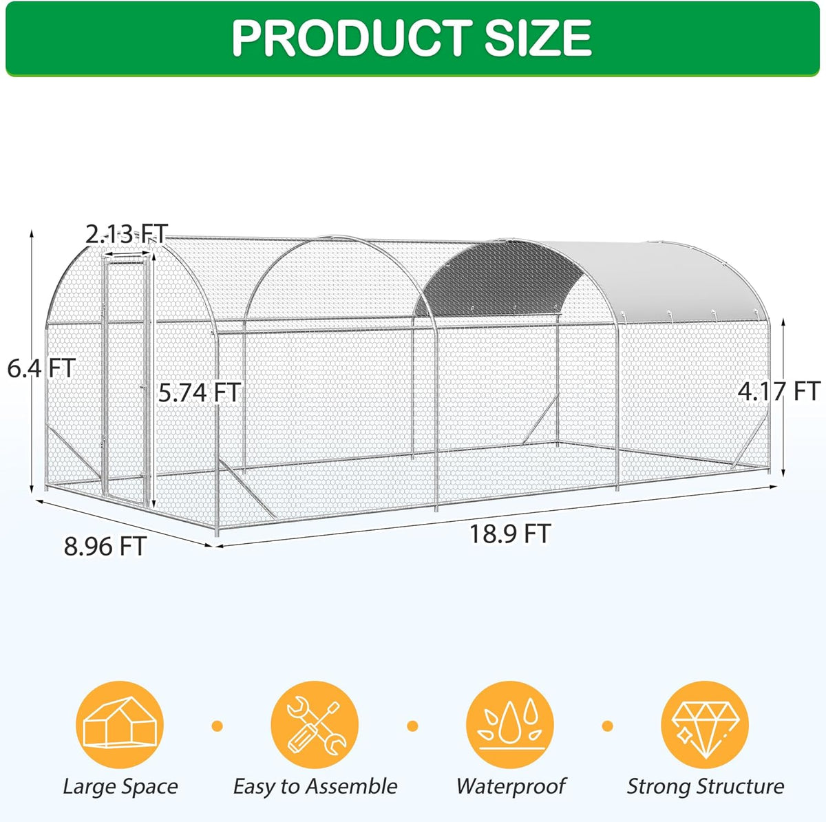 Large Metal Chicken Coop, Walk-in Chicken Run Pen with Waterproof Cover, Dome Roof Poultry Cage for