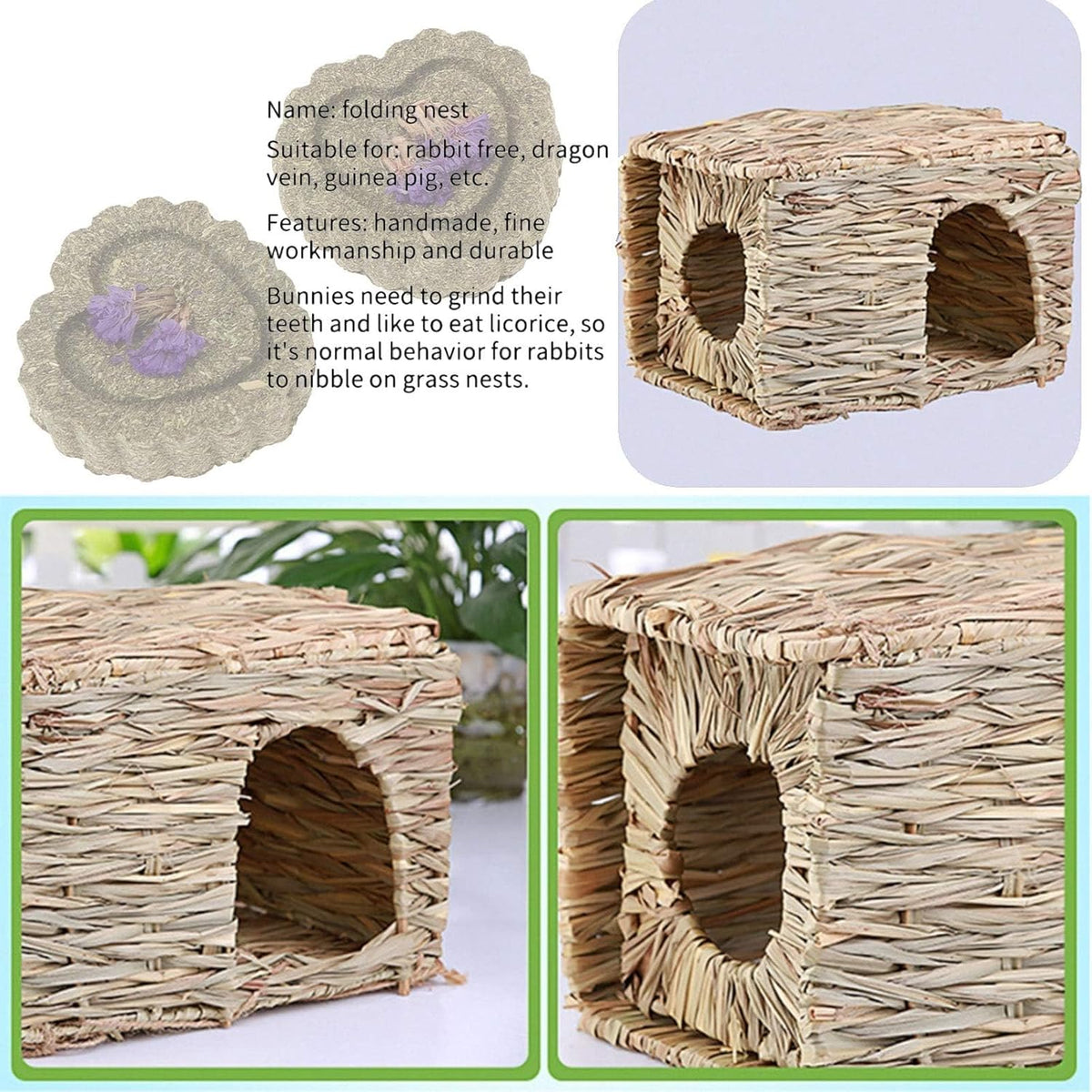 kathson 2 Pcs Large Rabbit Grass House Natural Foldable Hand Woven Seagrass Bed Carrot Hay Toy Hut