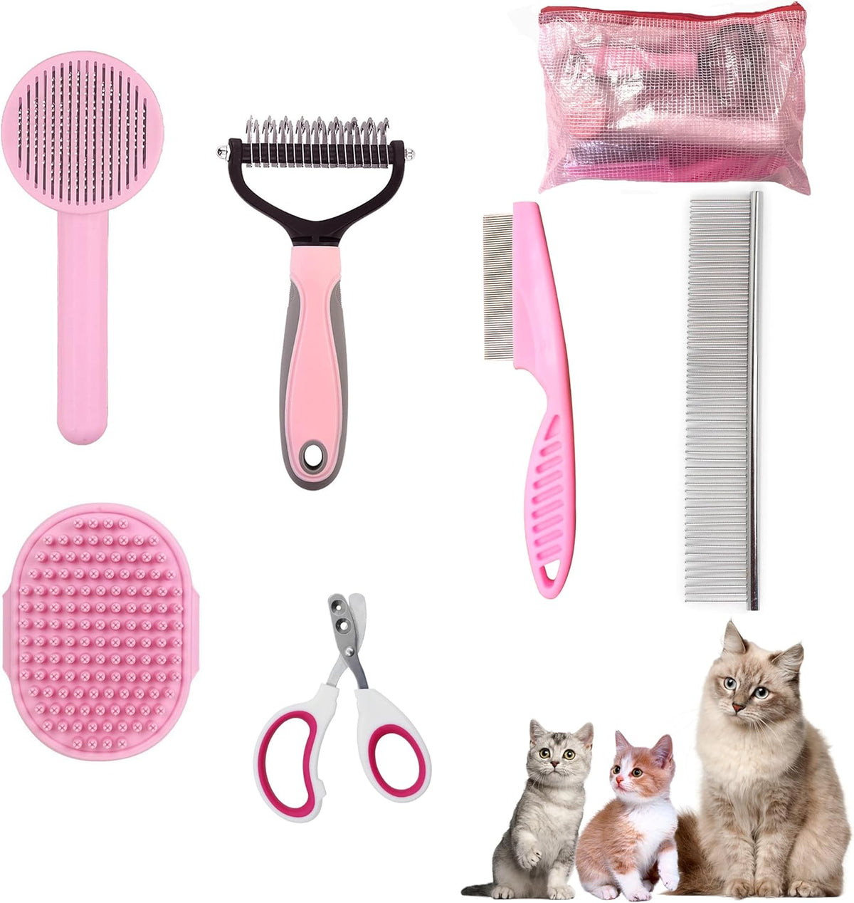 Cat Grooming Brush Kit 6 Tools - Deshedding & Dematting for Long/Short Hair, Self-Cleaning Slicker