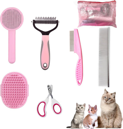 Cat Grooming Brush Kit 6 Tools - Deshedding & Dematting for Long/Short Hair, Self-Cleaning Slicker