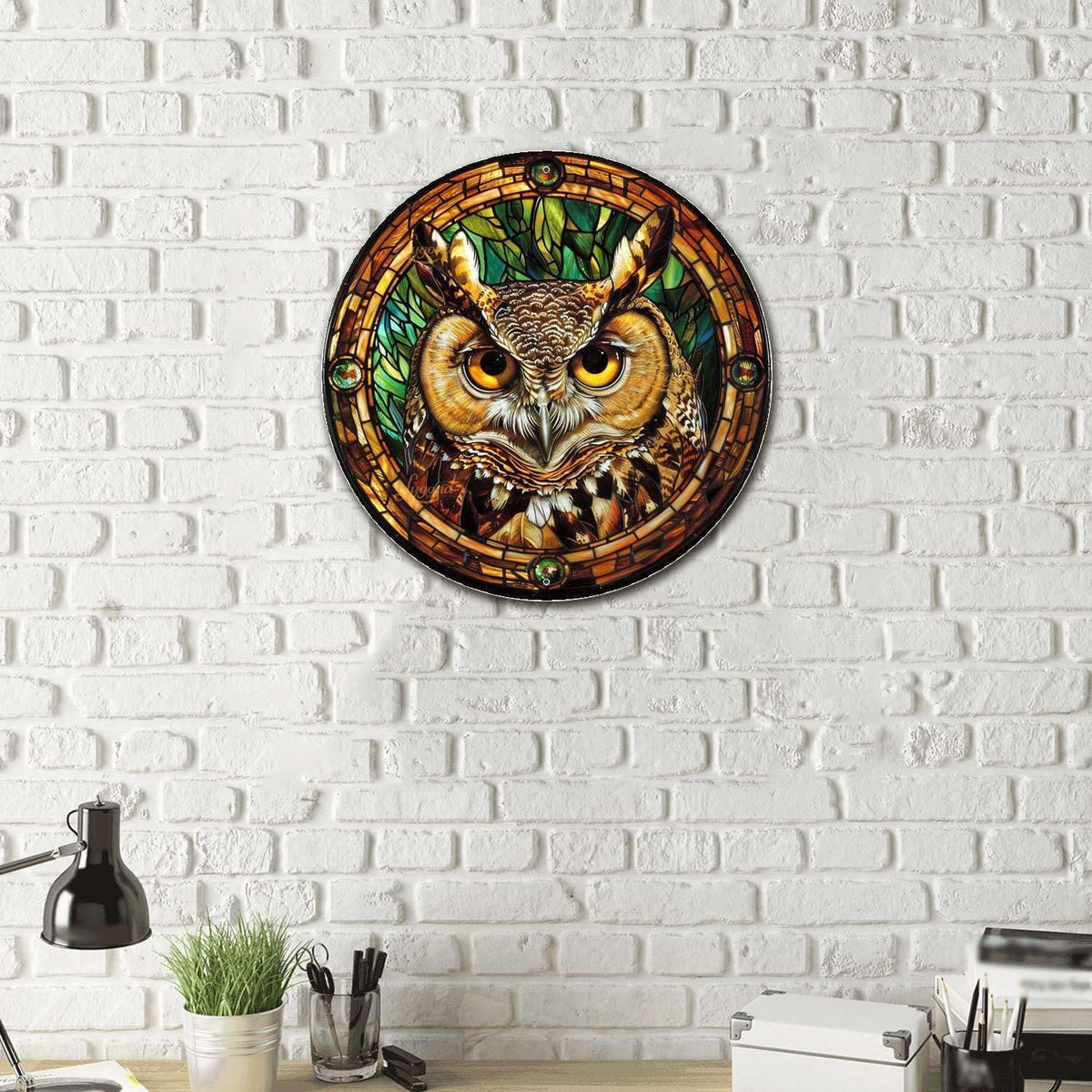 Lygond Metal Sign Tin Sign Circular Stained Glass Owl Home Deccor Store Home Decor for Patio 12×12