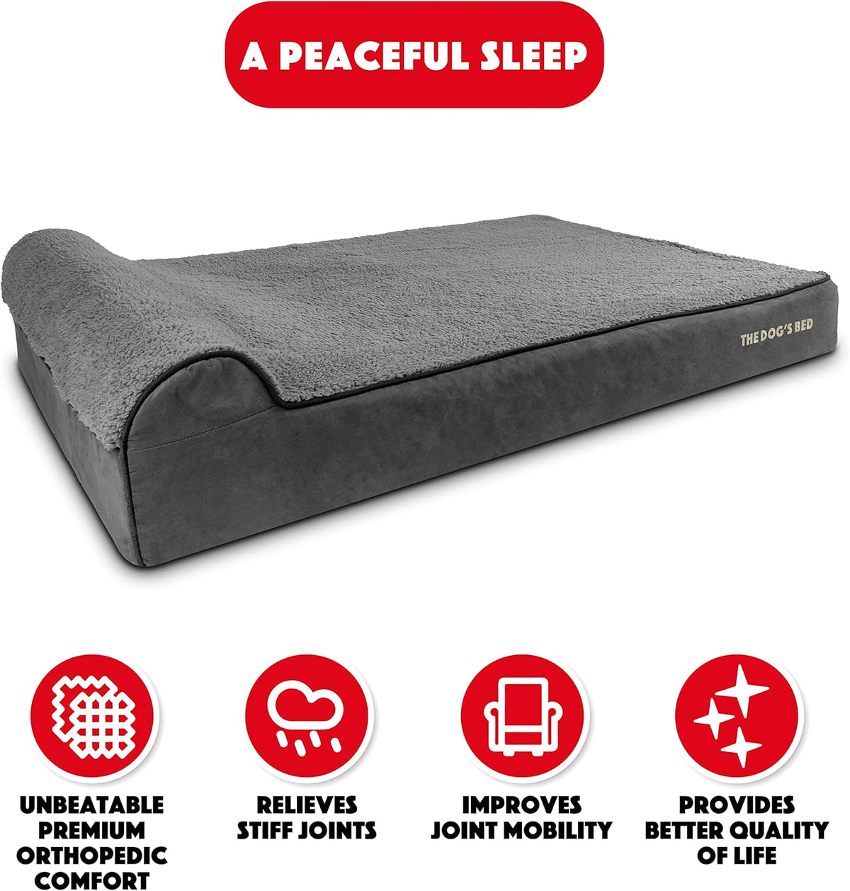 The Dog’s Bed Orthopedic Headrest Dog Bed XXL Grey Plush 54x36, Memory Foam, Pain Relief for