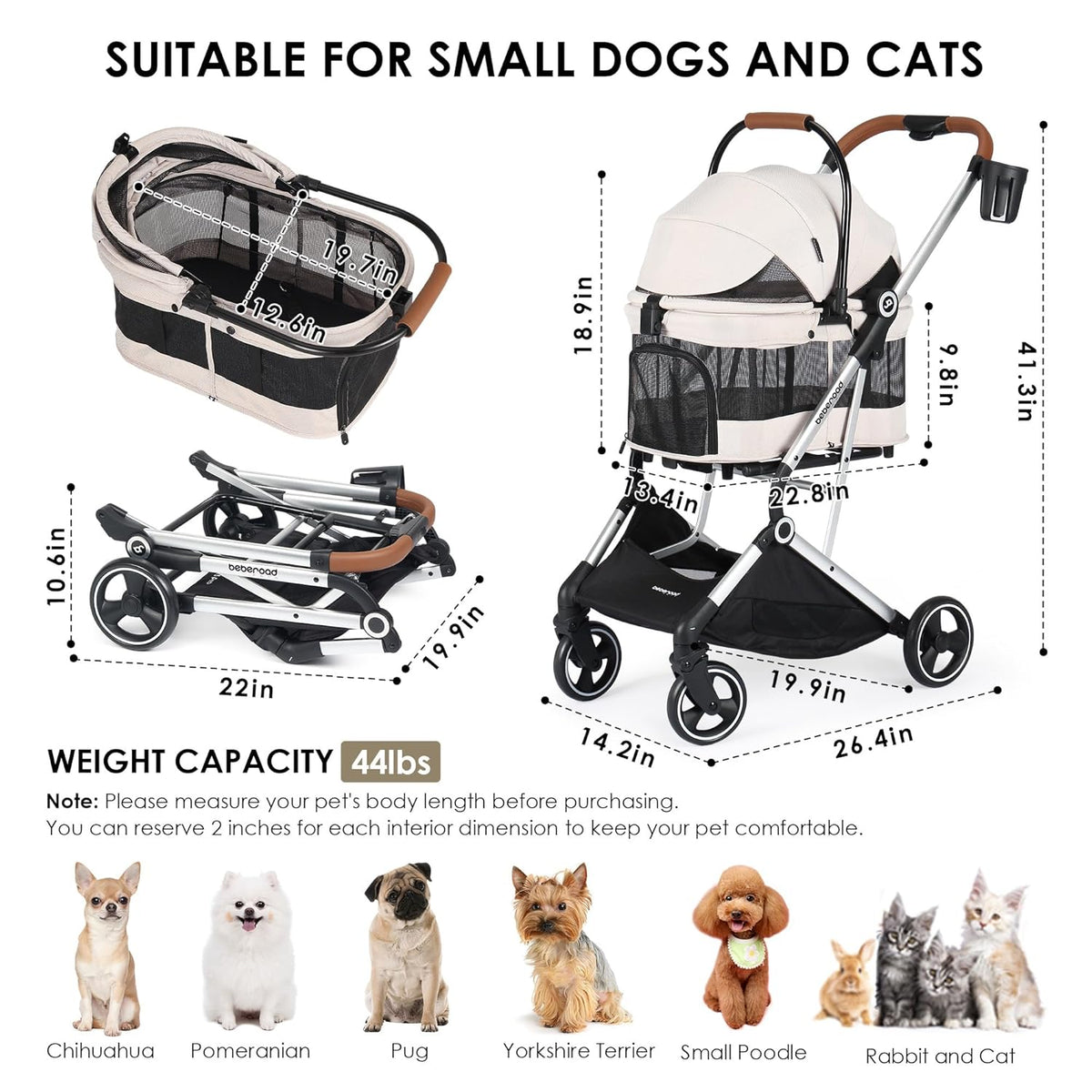 T3 Pro 3-in-1 Small Pet Stroller for Dog & Cats, 4 Wheels with Detachable Carrier with Pad, Canopy