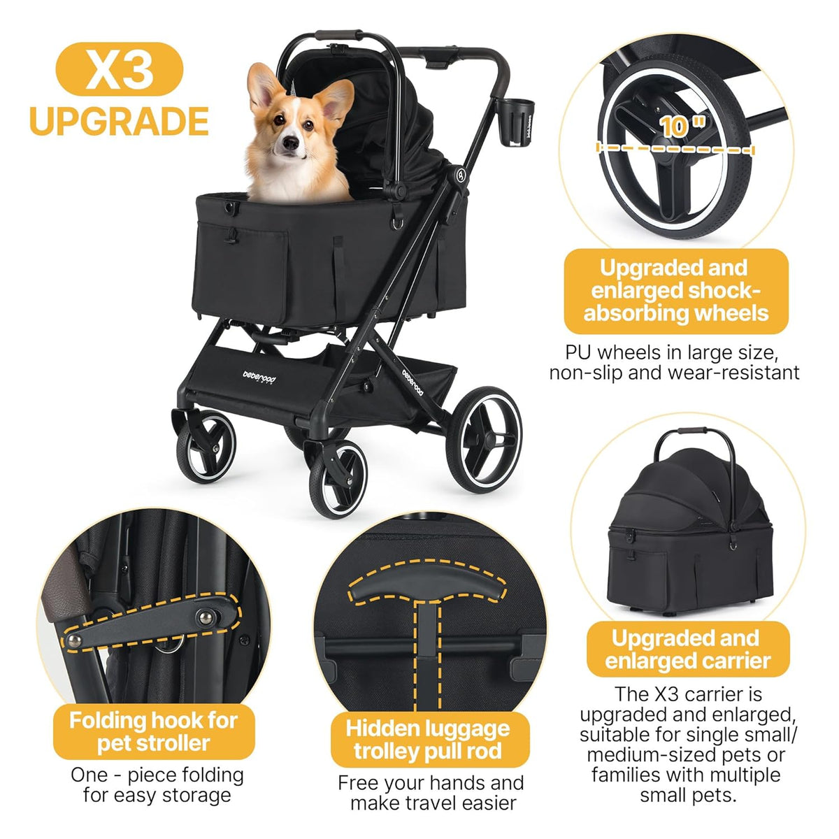 X3 2 in 1 Pet Stroller for Medium or Two Small Dogs & Cats 4 Wheels Lightweight Foldable Carrier