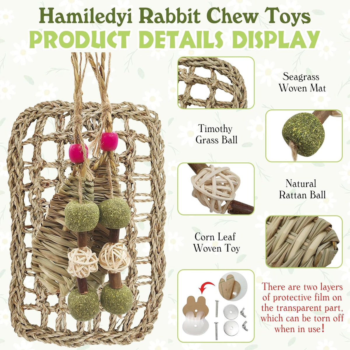 Hamiledyi Rabbit Seagrass Mat Hanging Bunny Chew Toys for Teeth Rabbit Enrichment Activity Mat