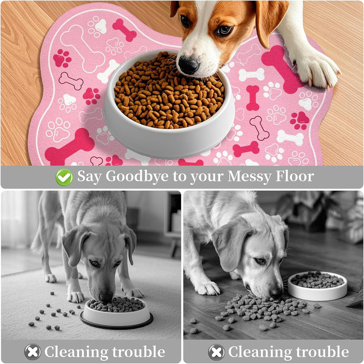 Dog & Cat Food Mat Bone Shaped Pet Feeding Mat Quick Absorb Water Bowl Placemat with Rubber Backing