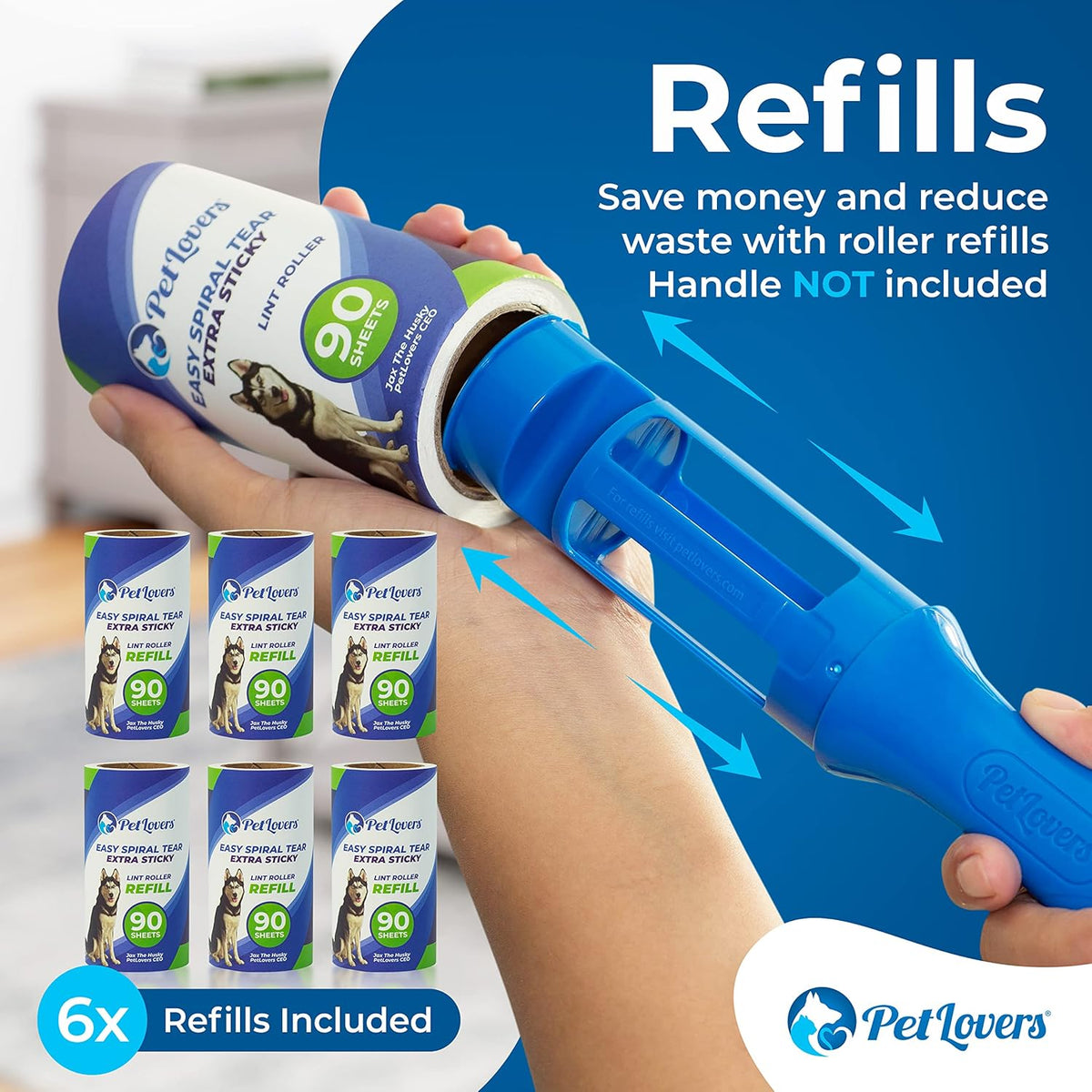 PetLovers Extra Sticky Lint Roller 6 Pack of Refills Only - No Handle Included - 90 Sheets Per
