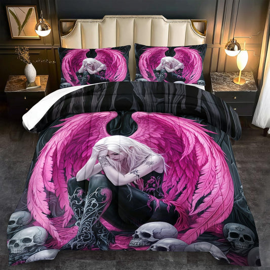 Gothic Skull Comforter Set Full for Adults,Angel Wings Bedding Set Pink for Girls,Sexy Angel