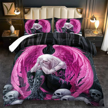 Gothic Skull Comforter Set Twin for Adults,Angel Wings Bedding Set Pink for Girls,Sexy Angel