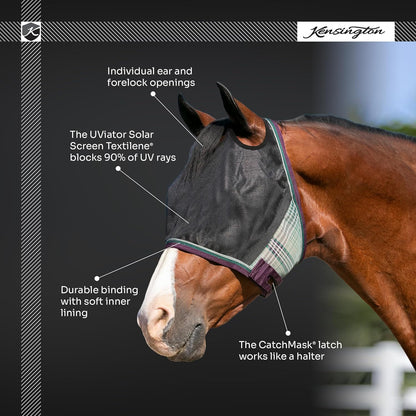Kensington 90% UV Fly Mask Halter CatchMask UViator - Without Ears & Forelock Freedom Web Trim