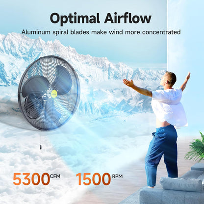 VAGKRI Wall Mount Fan, 20 Inch High Velocity Metal Oscillating Fan, 3 Speeds, 5300CFM Industrial