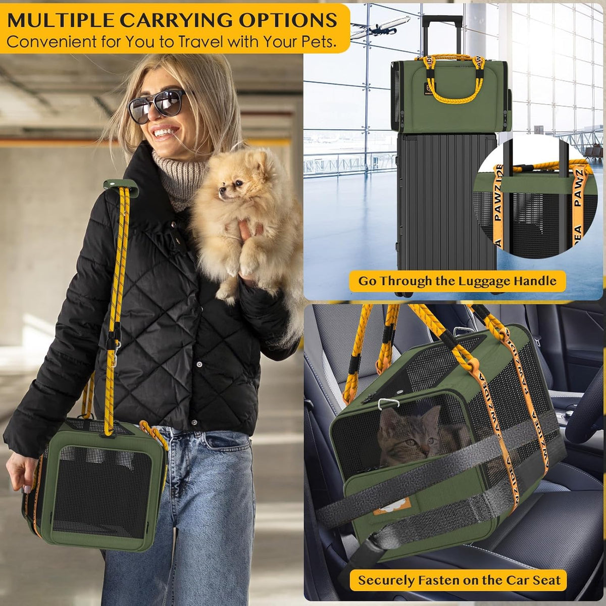 PAWZIDEA Expandable Pet Carrier w/ID Card, 18x11x11 in Small Dog Carrier TSA Airline Approved, Top