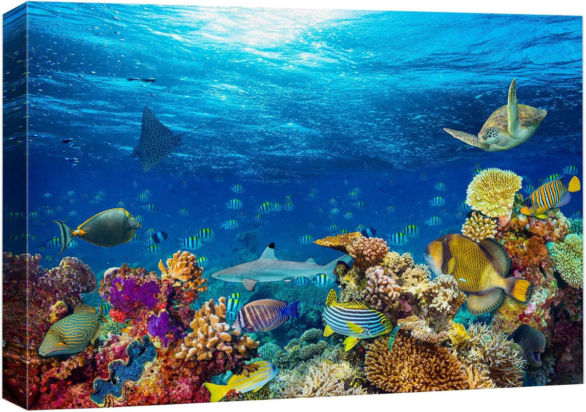 wall26 Canvas Print Wall Art Vibrant Sunshine Ray Coral Reef Turtle Fish Nature Animals Photography