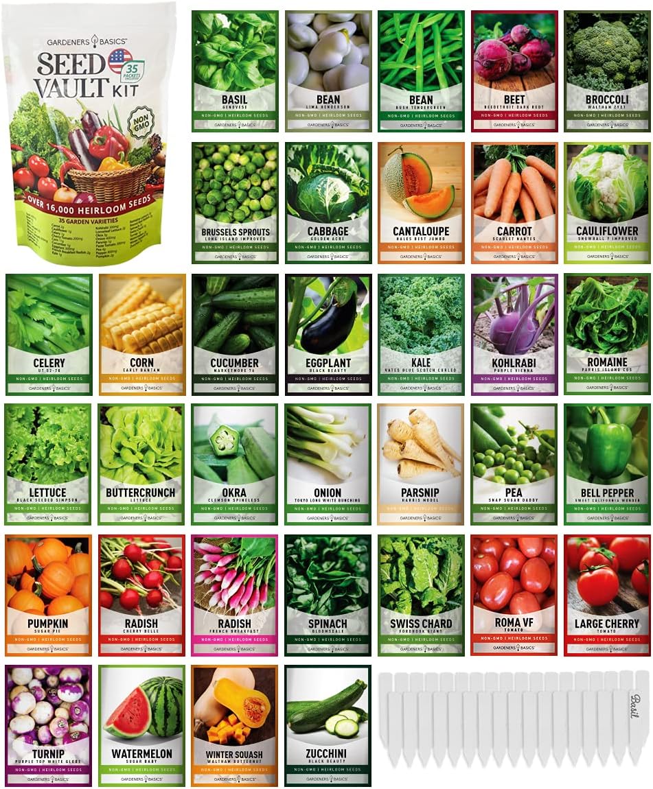 Gardeners Basics Survival Vegetable Seeds Garden Kit Over 16,000 Seeds Non-GMO and Heirloom, Great