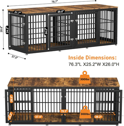 78 Inch Double Dog Crate Furniture, Heavy Duty Extra Large Cage Furniture with Divider for 2 Dogs