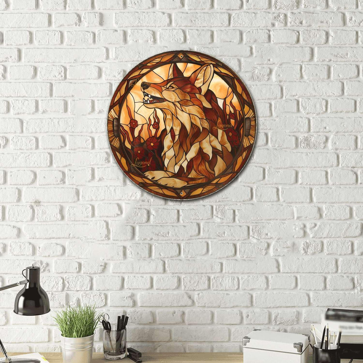 Lygond Metal Sign Tin Sign Circular Stained Glass Coyote Bar Signs for Home Decor for Club 12×12