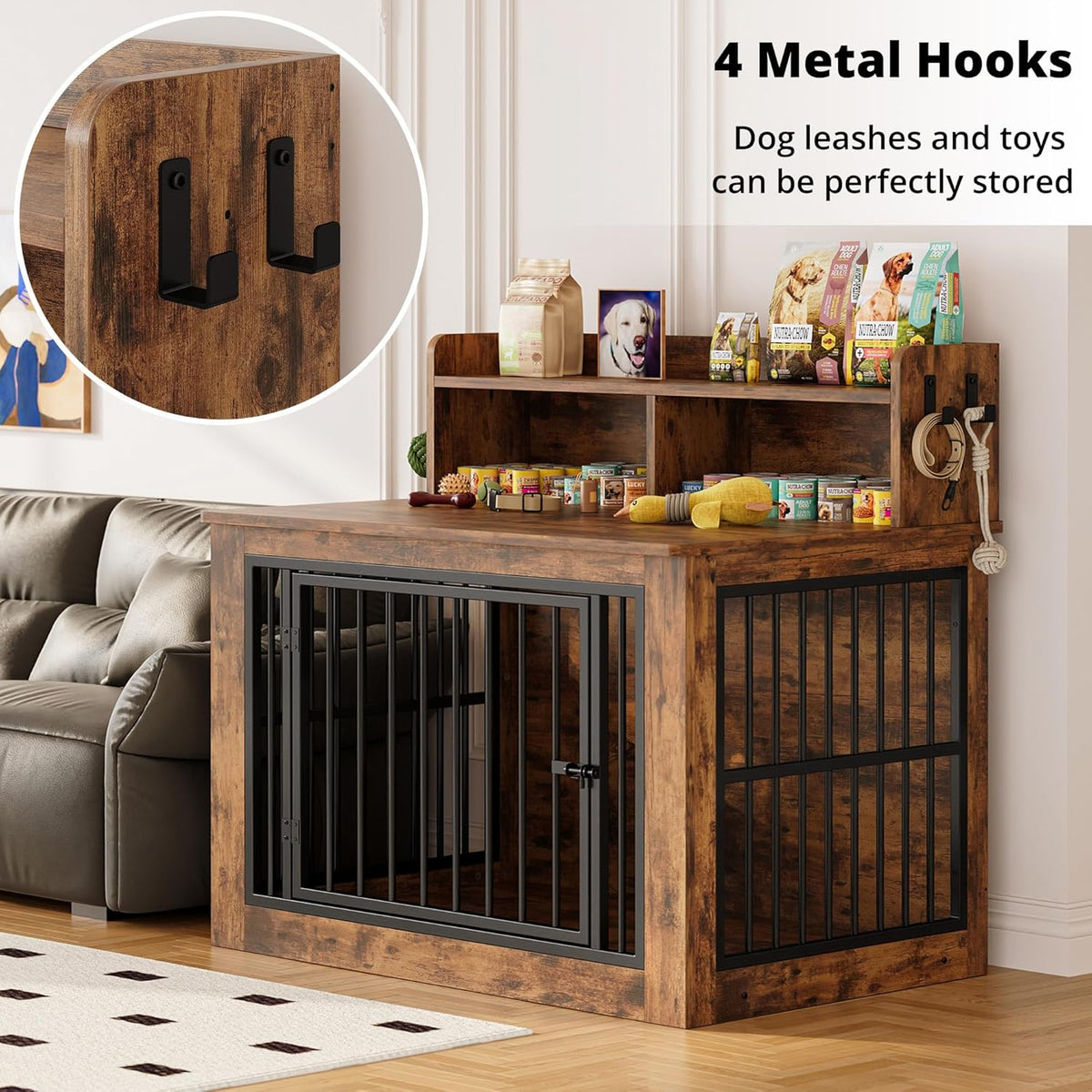 IRONCK Extra Large Dog Crate Furniture, 43.3 inches Wooden Dog Crate with Storage and 4 Hooks