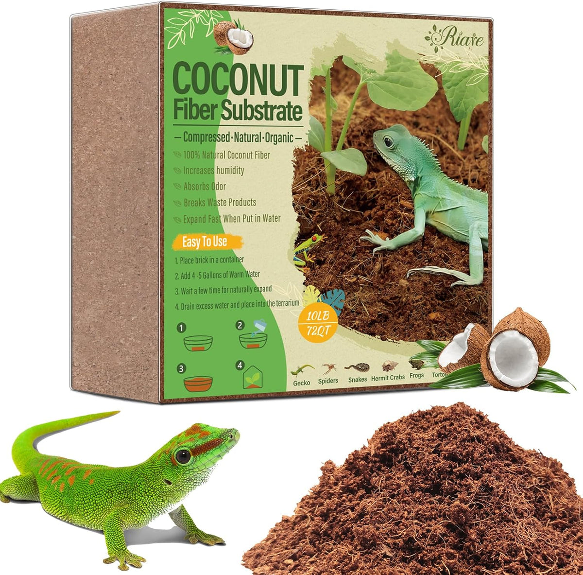 Riare 10LBS Natural Coconut Fiber Substrate for Reptile- Premium Compressed Coconut Husk Terrarium