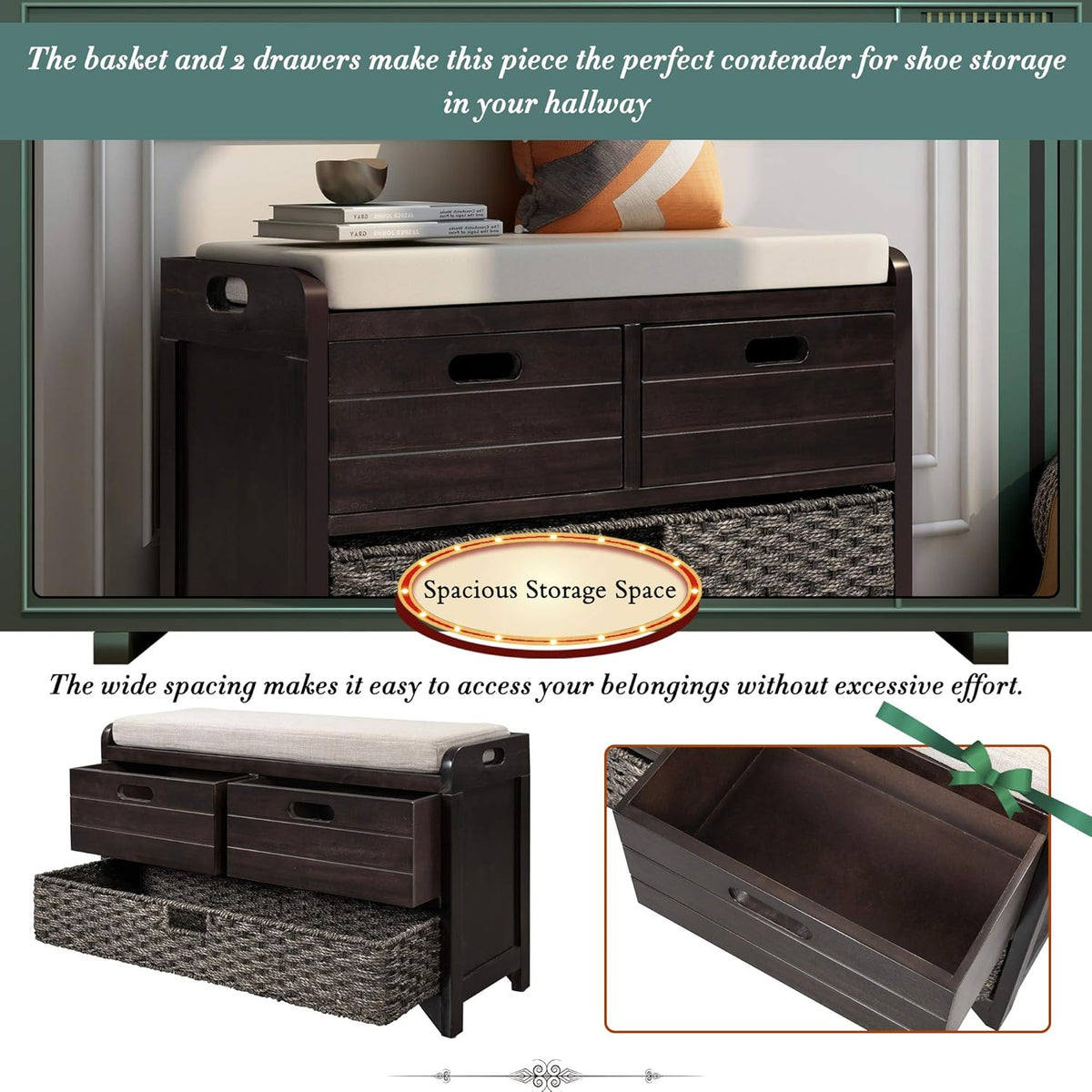 Storage Bench with Removable Basket 2 Drawers Fully Assembled Acacia Wood Shoe Bench Standing Shoe