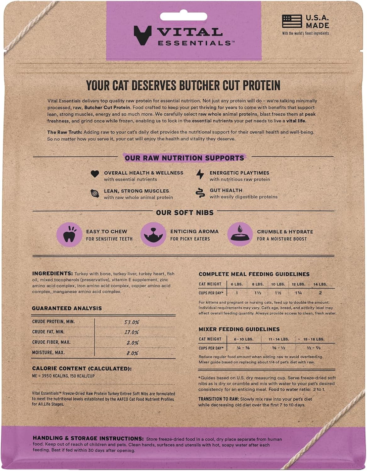 Vital Essentials Freeze-Dried Raw Turkey Meal or Mixer Cat Food Soft Nibs | 99% Turkey, Organs &