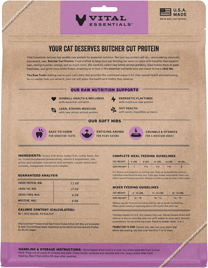 Vital Essentials Freeze-Dried Raw Turkey Meal or Mixer Cat Food Soft Nibs | 99% Turkey, Organs &