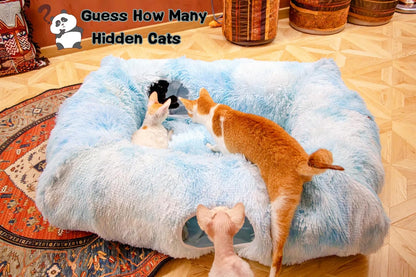 XxingSheep 4 Cave Shuttled XL Cat Tunnel Bed for Indoor Cats Peekaboo Toy Donut with Warm Mat