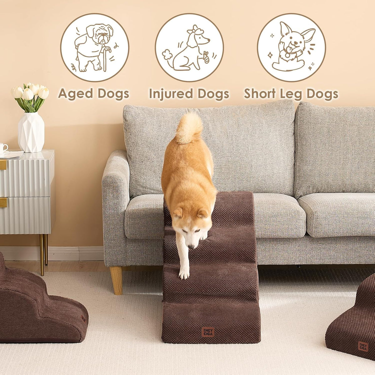EHEYCIGA Curved Dog Stairs Ramp for High Beds 19.7" H, 4-Step Dog Steps for Small Dogs and Cats
