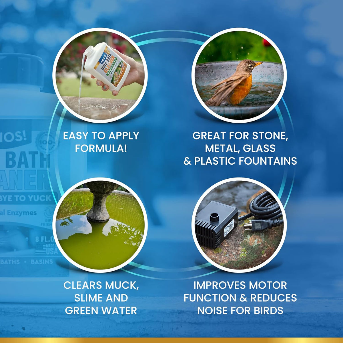Bird Bath Cleaner for Outdoor Fountains and Bowls, Safely Cleans Metal, Glass and Stone (32oz)