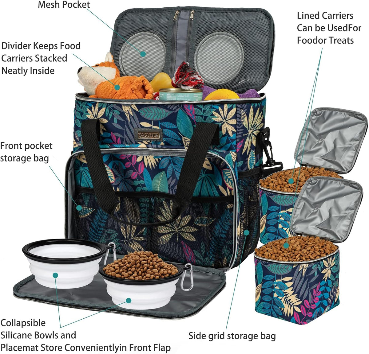 BAGLHER Dog Travel Bag, Pet Travel Bag (All Pet Travel Supplies), with 2 Pet Food Containers and 2