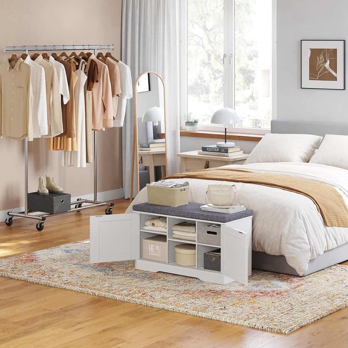 DINZI LVJ Shoe Bench, Entryway Storage Bench with Doors, Cushion, 2-Tier Shoe Rack with 6-Cubby