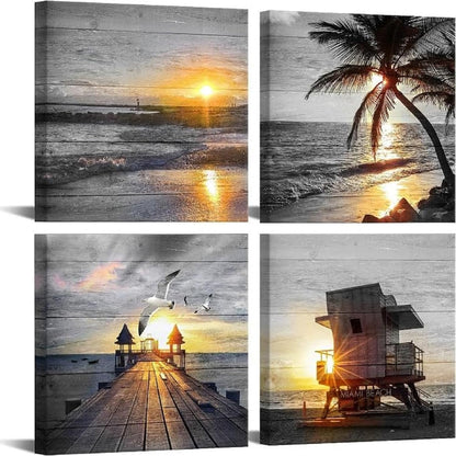 Yxbhhym- Bathroom Wall Art Black and White Gold Beach Wall Art Ocean Canvas Print Sunrise Sunset