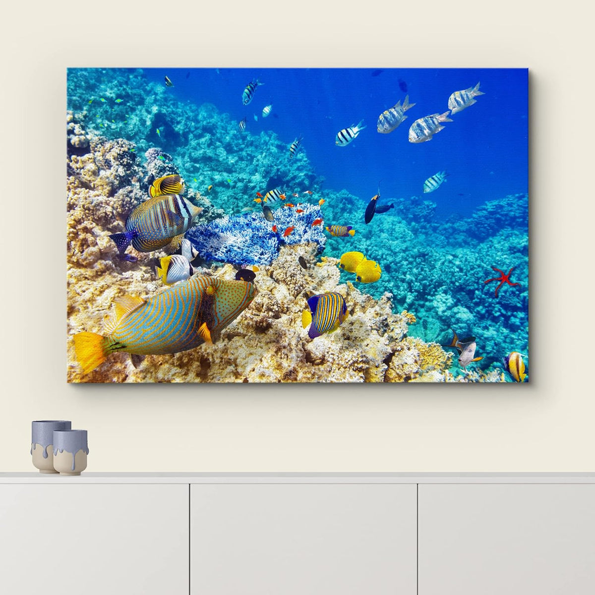 wall26 Canvas Print Wall Art Underwater Neon Blue Teal Ocean Water Fish Nature Animals Photography