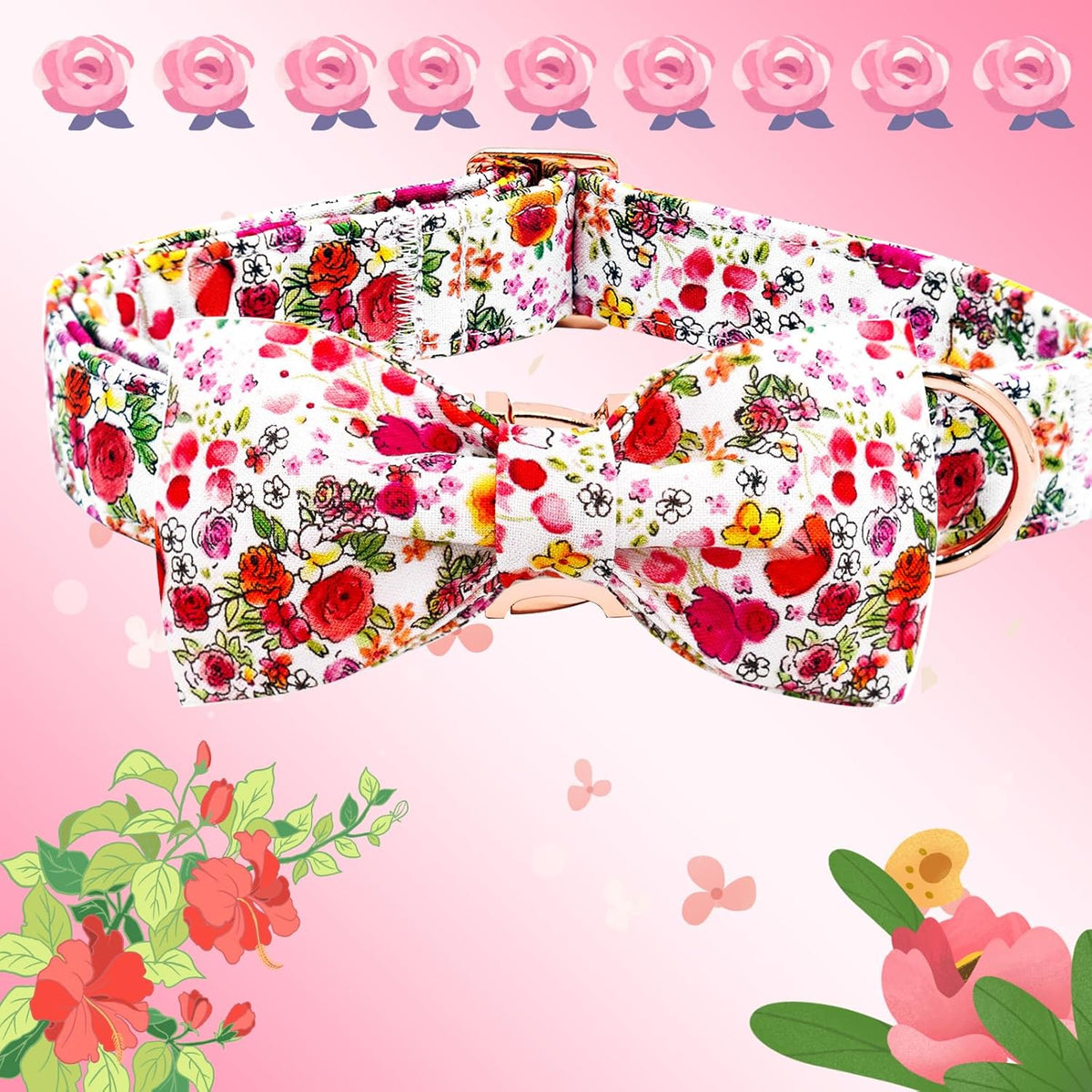 Elegant little tail Dog Collar, Pink Rose Print Pet Collar Summer Dog Collar Durable Metal Buckle