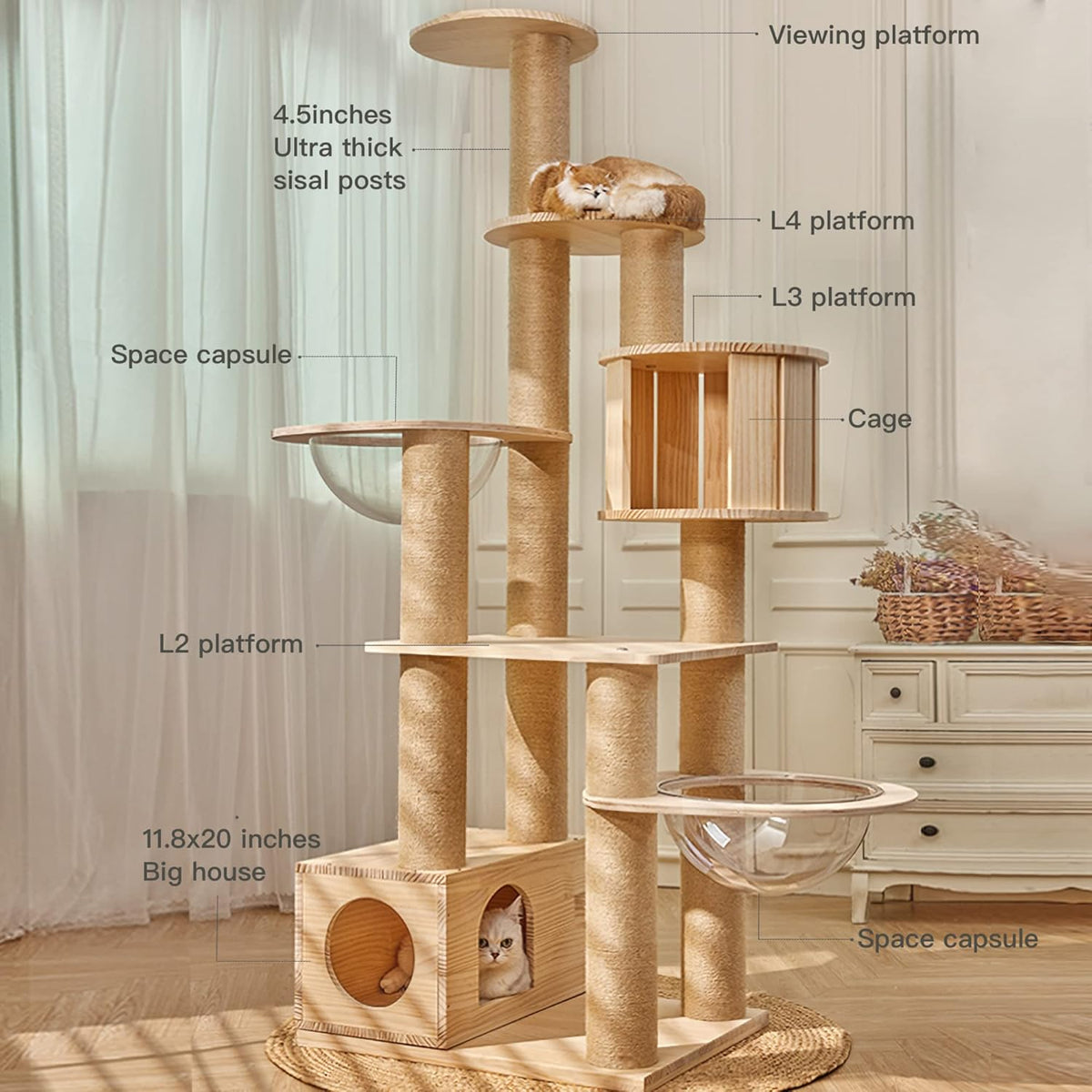 Modern Multi-Level Large Real Solid Wood Cat Tree, Luxury Wooden Cat Tower Cat Condo with