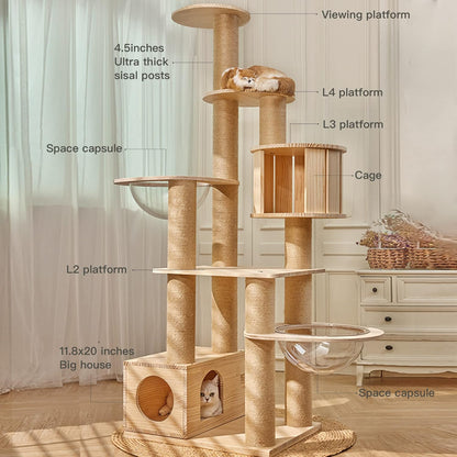 Modern Multi-Level Large Real Solid Wood Cat Tree, Luxury Wooden Cat Tower Cat Condo with