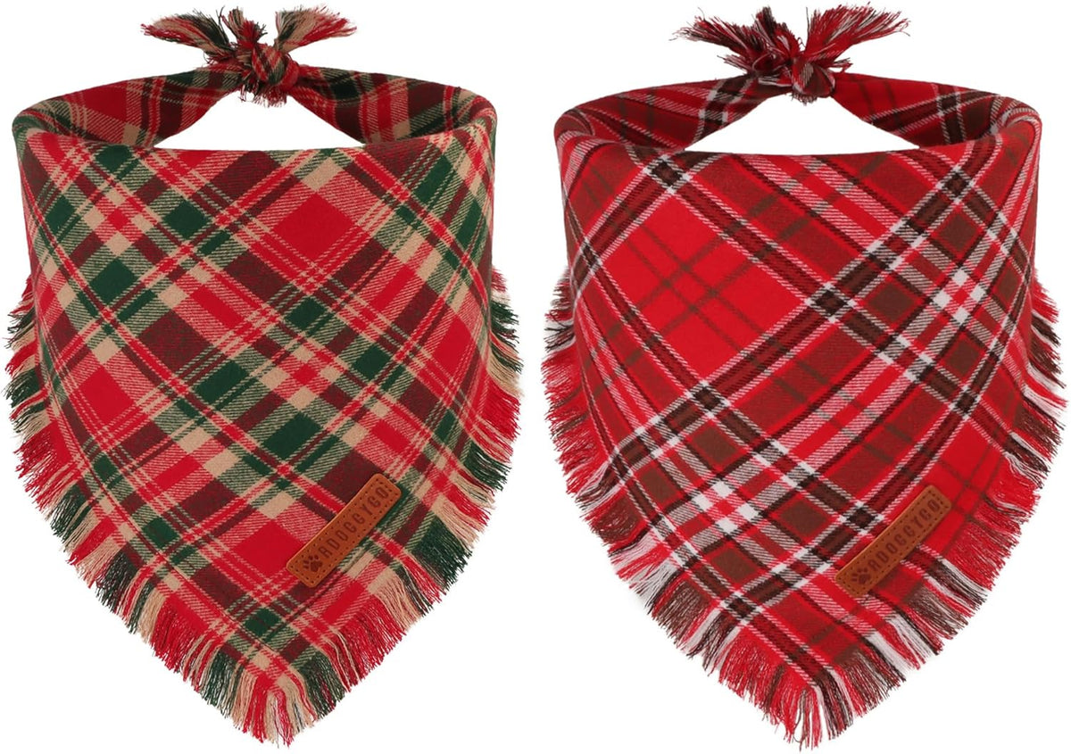 ADOGGYGO Christmas Dog Bandanas with Tassels Edges, Stylish Red Plaid Xmas Scarf, Multiple Sizes