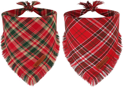 ADOGGYGO Christmas Dog Bandanas with Tassels Edges, Stylish Red Plaid Xmas Scarf, Multiple Sizes