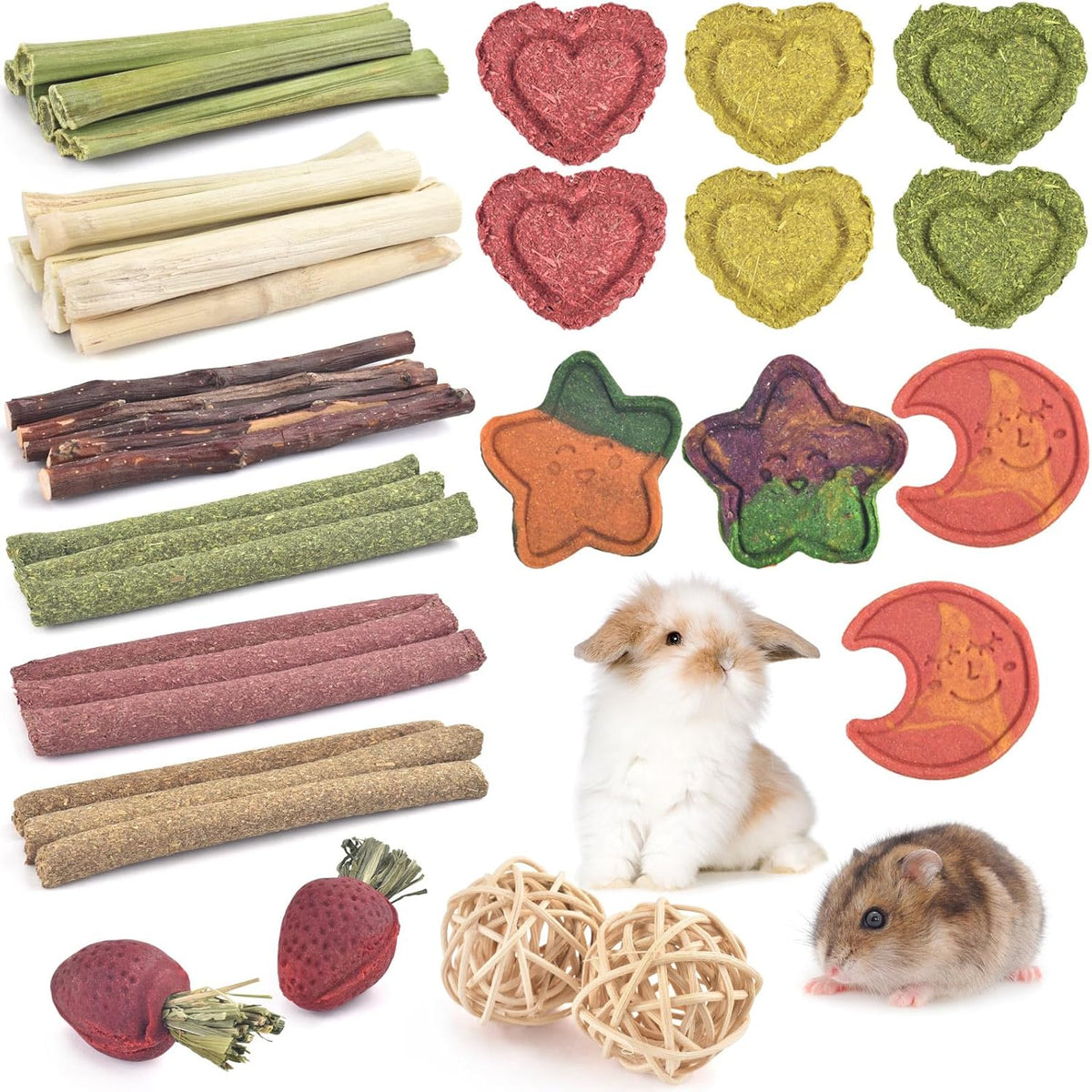ERKOON 33PCS Bunny Chew Toys for Rabbits Teeth, Natural Rabbit Toys Apple Wood Sticks, Carrot
